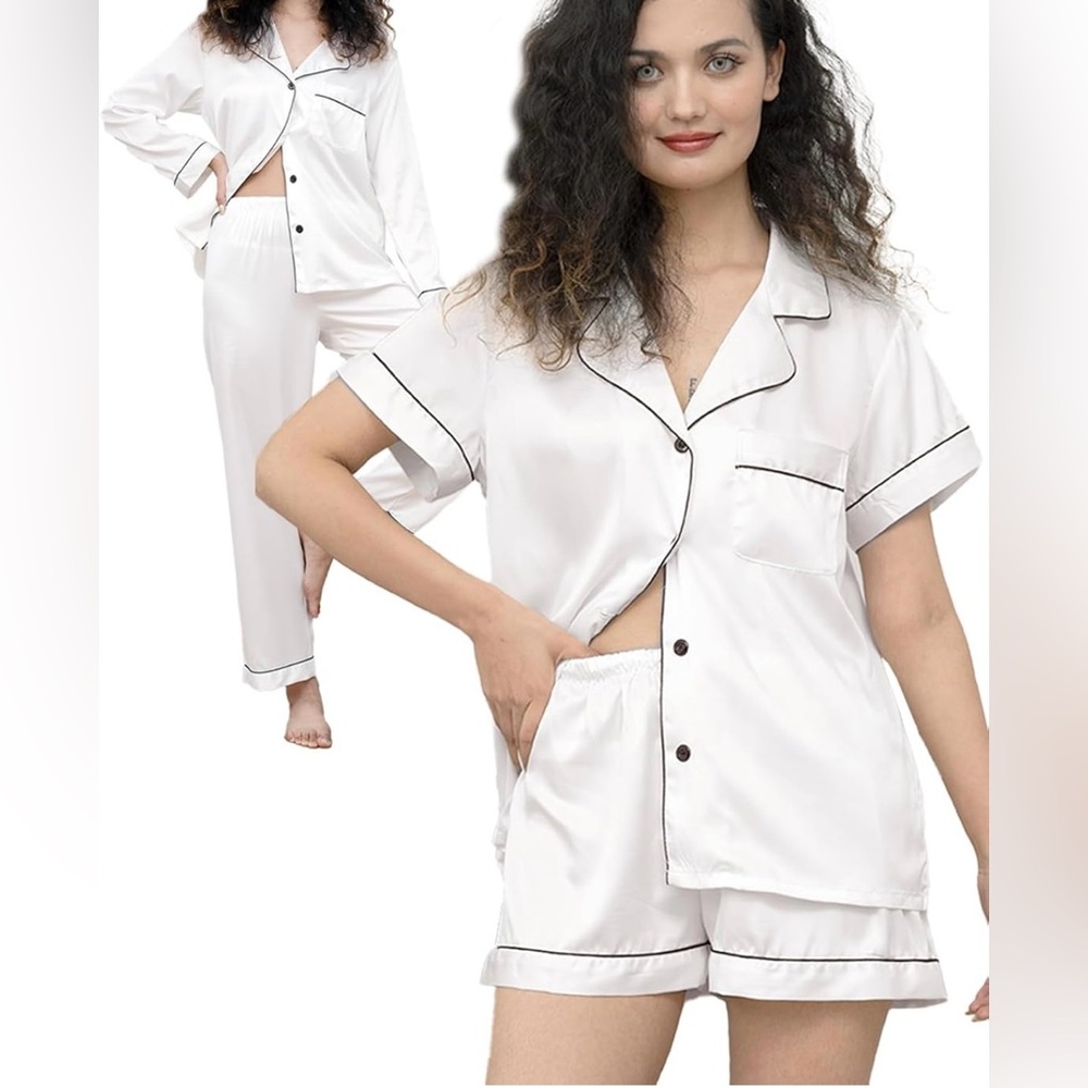 4-Piece Satin Pajama Set - White pants, short, long sleeve, and short sleeve